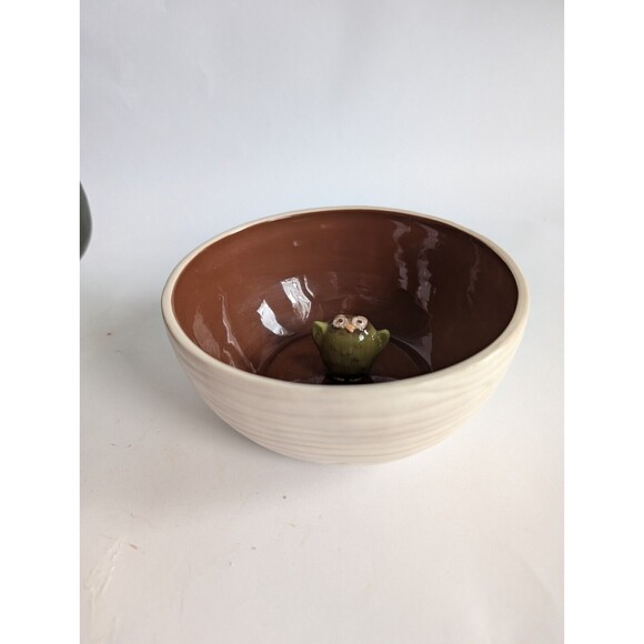 Grasslands Road “Owwl Gone” Ceramic Bowl Owl Wood Design Peek-a-boo Bowl 5.5" - Picture 1 of 4